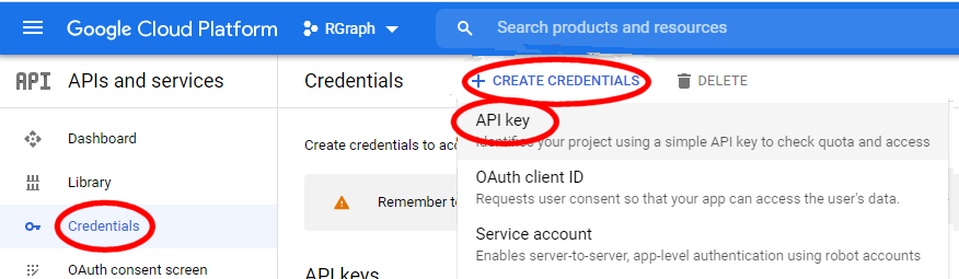 A screenshot showing where to create an OAuth API key